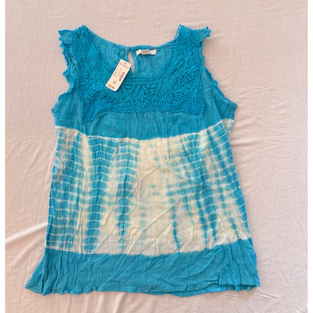 Dressbarn Turquoise Blue Tie Dye Lace Crochet Yoke Sleeveless Top Blouse Medium